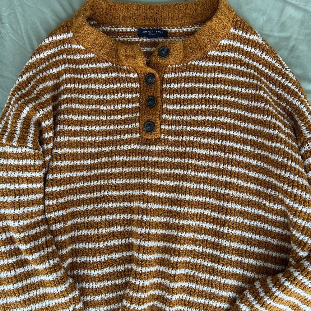 American Eagle Outfitters Mustard and White Striped Crewneck Sweater